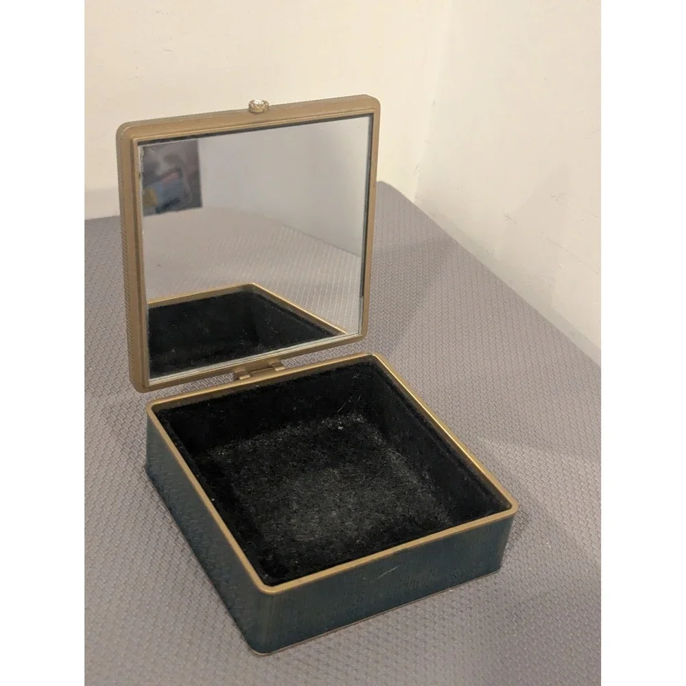 Vintage Enamel Floral Trinket Box Teal Rhinestone Inlay Mirrored Jewelry Case